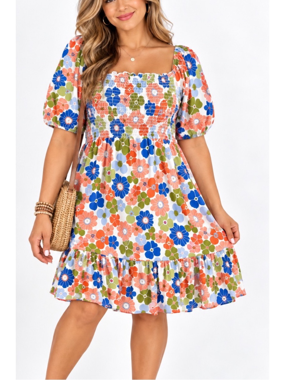 Celeste Ivory Floral Smocked Dress with Puff Short Sleeves size 3XL NWOT